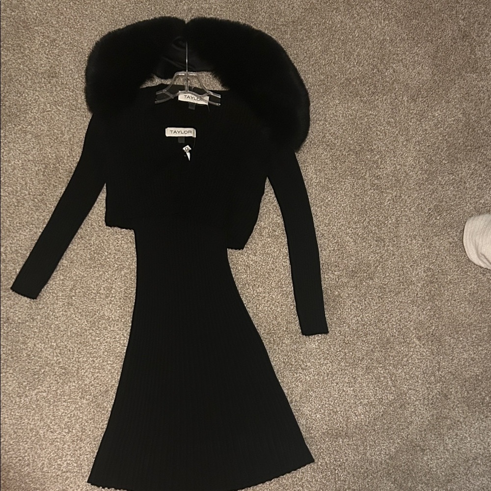 Taylor Black Long Sleeve Dress with Faux Fur Collar